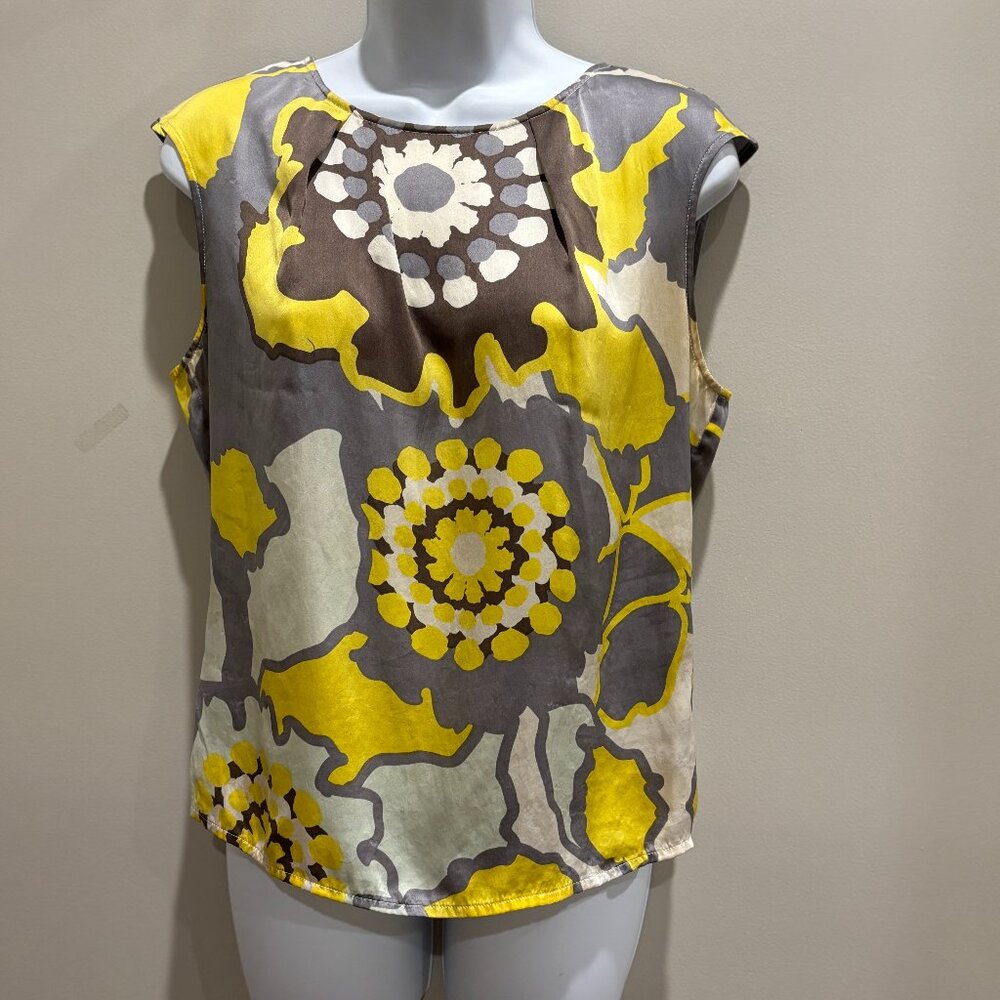 Sharagano Collection Geometric Yellow, Gray & White Cap sleeve Blouse sz M